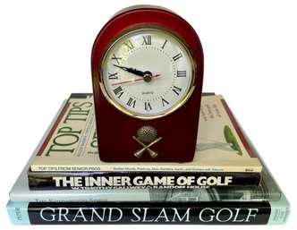 Collection Of Golf Books And Golf Themed Table Clock