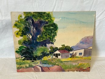 Original 1940s EMILIO DECUSATI Watercolor Painting- Large Maple Tree And Distant Farmstead