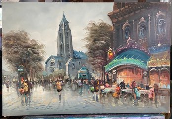 Oil On Canvas Street Scene With Cathedral Signed Lower Right