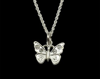 Vintage Sterling Silver Chain And Butterfly With Clear Stones Pendant