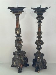 Pair Italian Baroque Style Antique Tall Candle Holders