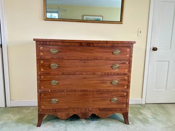 Antique Hepplewhite Period Graduated Four Drawer Chest Of Drawers With High Flaring French Feet