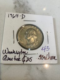 1964 D Washington Quarter .90 Silver 198