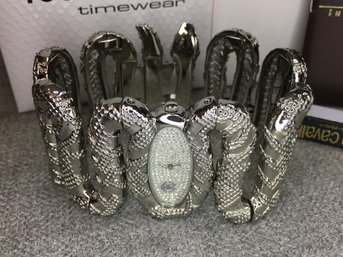 Incredible $595 ROBERTO CAVALLI Silver Snake Cuff Watch With Pave Crystal Dial - Stunning Watch - WOW !