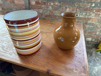2 Piece Brown Vase And Large Striped Utensil Holder 101/2 '