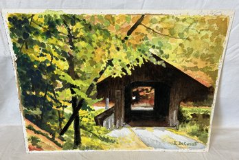 Fantastic Original 1940s EMILIO DECUSATI Watercolor Painting- Covered Bridge And Fall Foliage