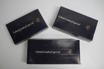 Three Boxes Of Hand Dipped Colonial Candles Of Cape Cod Candle's Including Mulberry. Colonial Yellow & Beige