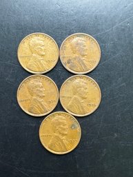 5 Wheat Pennies 1934, 1935, 1936, 1937, 1939