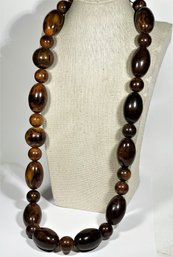 Very Large Vintage Beaded Bakelite Plastic Marbleized Brown Necklace 32' Long