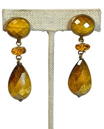 Gold Over Sterling Silver Tiger's Eye And Amber Clip Earrings Signed