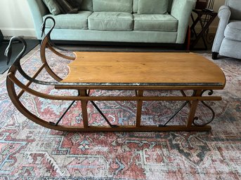 Unique Wood & Iron Sleigh Shaped Coffee Table By Tell City Chair Company