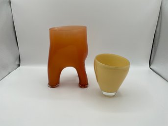 2 Pieces Of Opaline Glass - Sculptural Vase & Cup