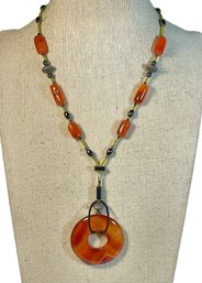 Fine Designer Sterling Silver And Striped Carnelian Agate Stone Necklace Disc Pendant