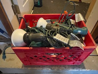 Extension Land Lot Three:  HUGE Lot Of Extension Chords And Work Lights In Milk Crate