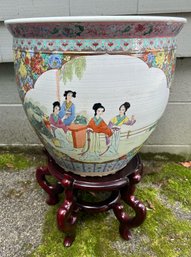 Beautiful Oversized Chinese Ceramic Planter With Rosewood Stand