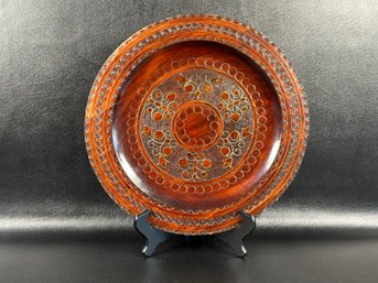 A Very Nice Vintage Folk Art Wooden Plate, Hand-Carved With A Detailed Pattern