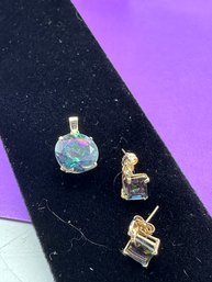 10K Yellow Gold Mystic Topaz Pendant & Mystic Topaz & Diamond Earrings