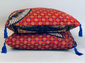 Filipino Quilted Batik Style Accent Pillows With Tasseled Corners- Set Of 2