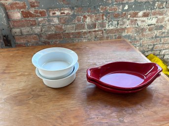 2 Red Au Gratin Dishes By Chantal & Two White Wide Lipped Bowls