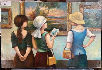 Oil On Canvas Three Girls At Exhibit Signed Lower Right