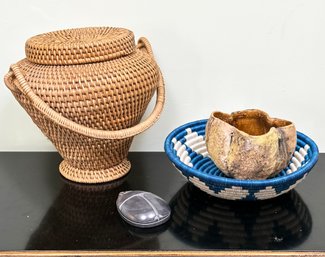 Woven African Baskets, A Soapstone Scarab, And Hand Made Pottery Vessel