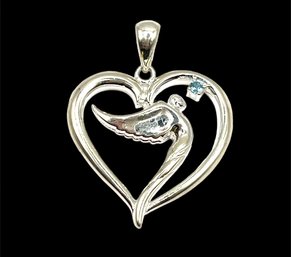 Vintage Sterling Silver Angel And Tiny Blue Stone Heart Pendant