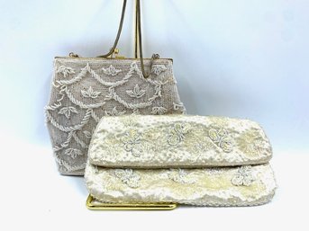 Pairing Of 2 Vintage White Beaded Evening Bags