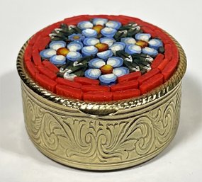 Vintage Silver Tone Round Pill Box Having Micro Mosaic Floral Inlay