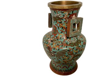 Asian Cloisonne  Enameled Vase With Hinged Squared Handles