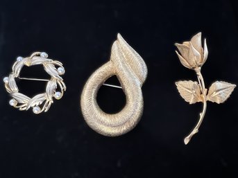 Trio Of Vintage Gold Tone Brooches