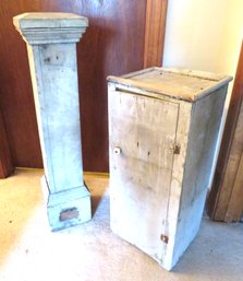 Antique Wood Pedestal Plant Stand And Cabinet