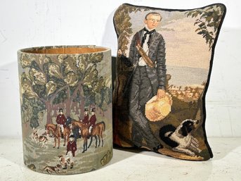 Vintage Hunt Themed Tapestry Pillow And Wastebasket