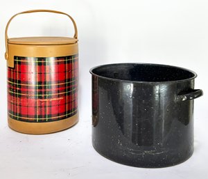 A Vintage Scotch Cooler And Enamelware Pot