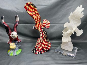 3 Bald Eagle Figurine Statues Wrapped In American Flag Hand Painted Acrylic Sculpture