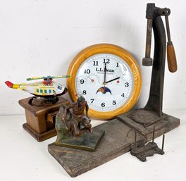 An Assortment Of Vintage Decor - Toy Metal Helicopter, Bottle Cap Press, And More!