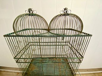 Large Metal Double Dome Wire Bird Cage On Rolling Cart