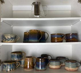 Guccione Pottery Mugs And Glass Percolator