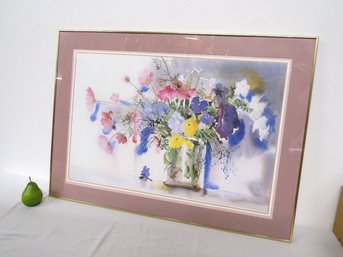 Large Colorful Still Life Print Of Fresh Flowers In A Clear Chunky Vase Signed Sanjan