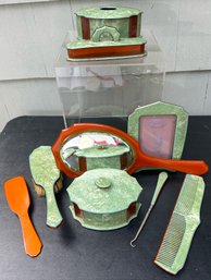 Vintage 1940s Nine Piece Celluloid Green Dresser Set