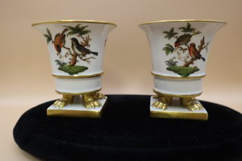 Vintage Herend Hungary Pair Small Footed Cachepots/Vases With Birds And Butterflies 3'