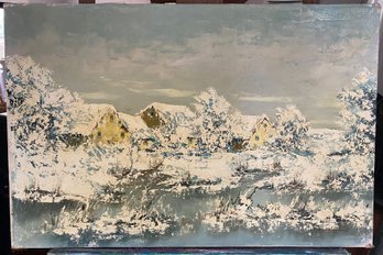 Oil On Canvas Winter Scape Signed Lower Right