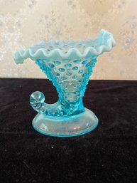 Vintage Fenton Cornucopia Hobnail Ruffle Collar Vase Opaline Blue Glass