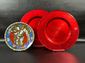 A Pair Of Shimmering Red Chargers By Crate & Barrel & Limoges Strasbourg Cathedral Plate