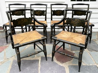 A Set Of 6 Vintage Rush Seated Hitchcock Chairs - AND An Original Stamp