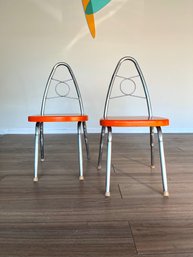 Vintage Chrome & Painted Orange Wood CHILDREN'S Chair Set Of  2