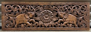 Carved Wood Panel With Elephants And Lotus Flower