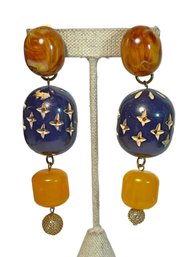 Pair Large Designer Amber Plastic Carved Wood Earrings