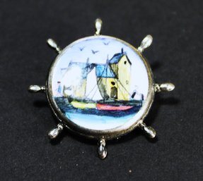 VINTAGE STERLING SILVER ENAMEL SHIP'S WHEEL PIN