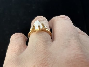 Gold Tone Ring With Marble Stone & CZ Accents, Size 7