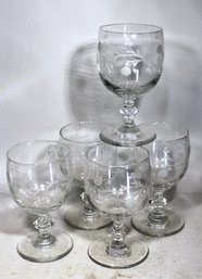 Lot Of Five Fine Antique Hand Blown 1850s Goblets Glasses W Engraved Design